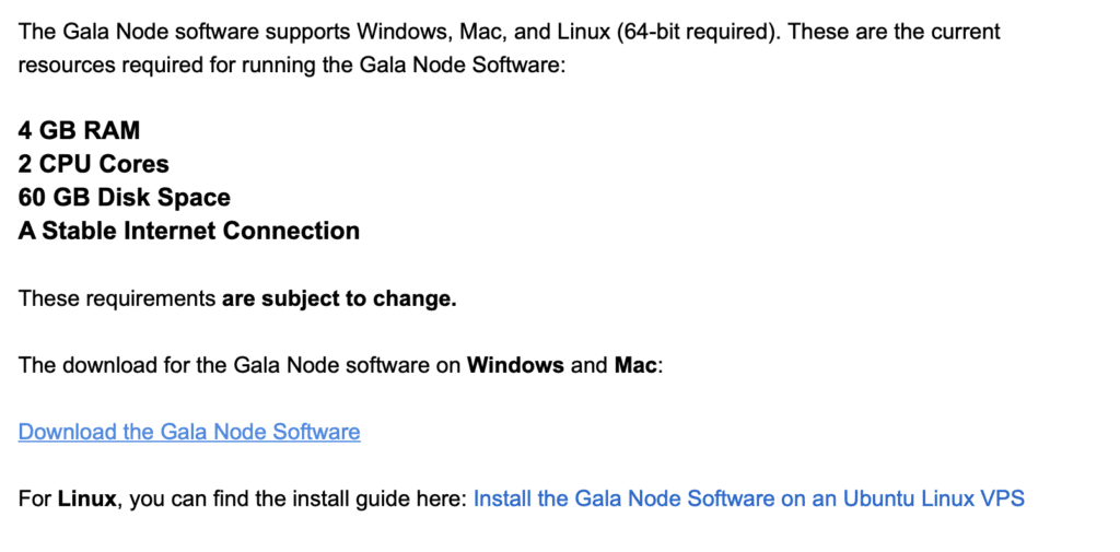 requis pour exécuter un Node sur Gala GAMES